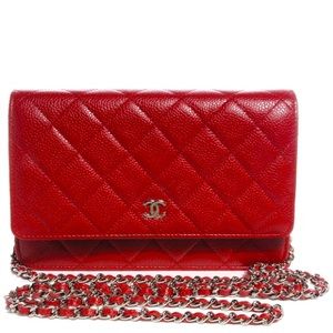 CHANEL WOC Caviar Leather Wallet On Chain Crossbody Bag Red